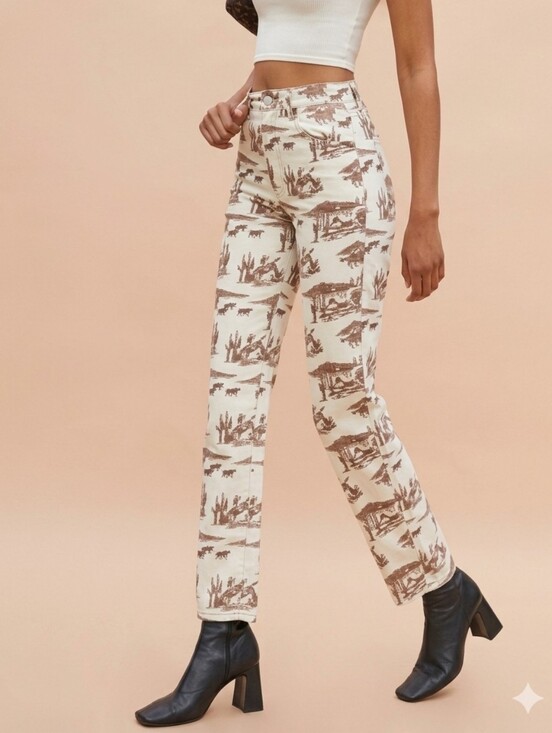 Reformation Denim - Reformation Sonora High Rise Straight Jeans Cowboy Toile Western Print Size 24